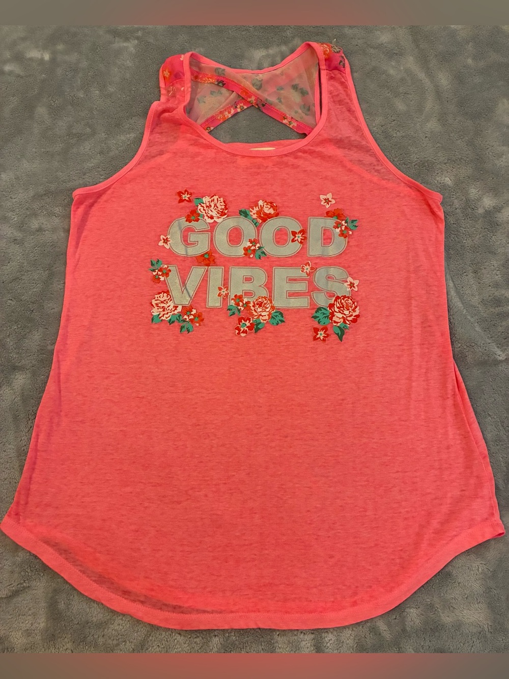 Women’s Bobbie Brooks Brand Good Vibes Floral Graphic Tank Top/Coral Pink Size L